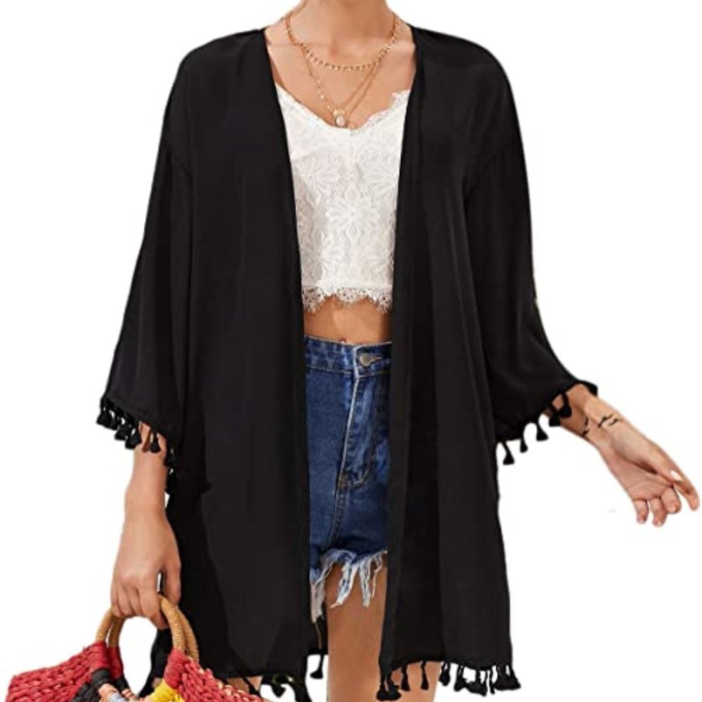 Black Half Sleeve Kimono with Tassels